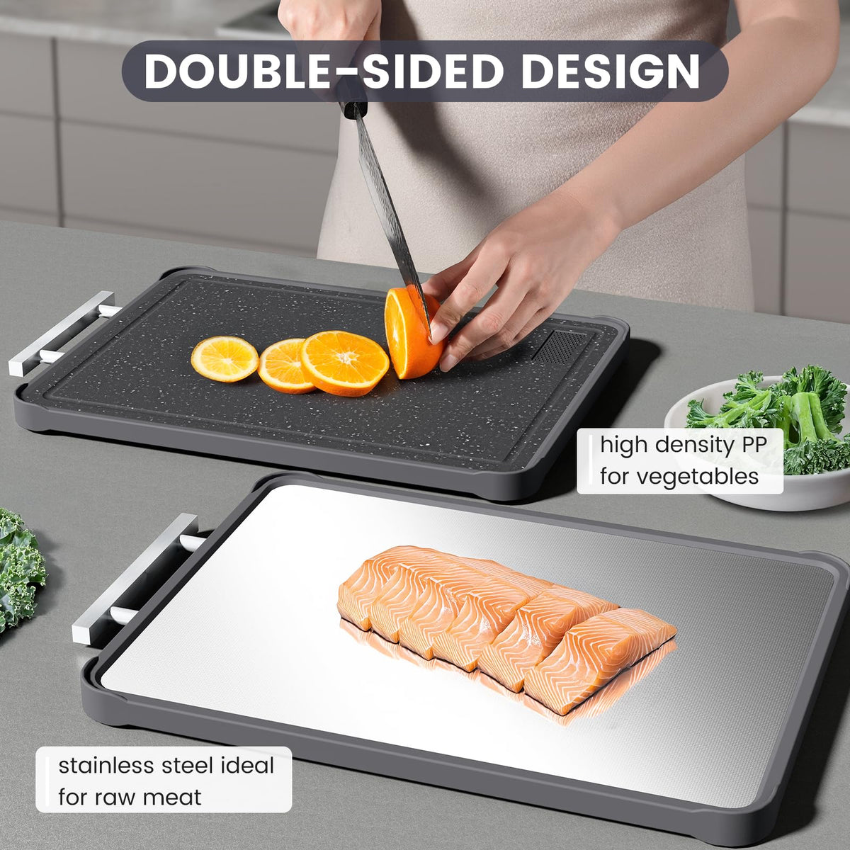 Kikcoin stainless steel side close-up emphasizes easy-to-sanitize raw meat surface.