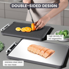 Kikcoin stainless steel side close-up emphasizes easy-to-sanitize raw meat surface.