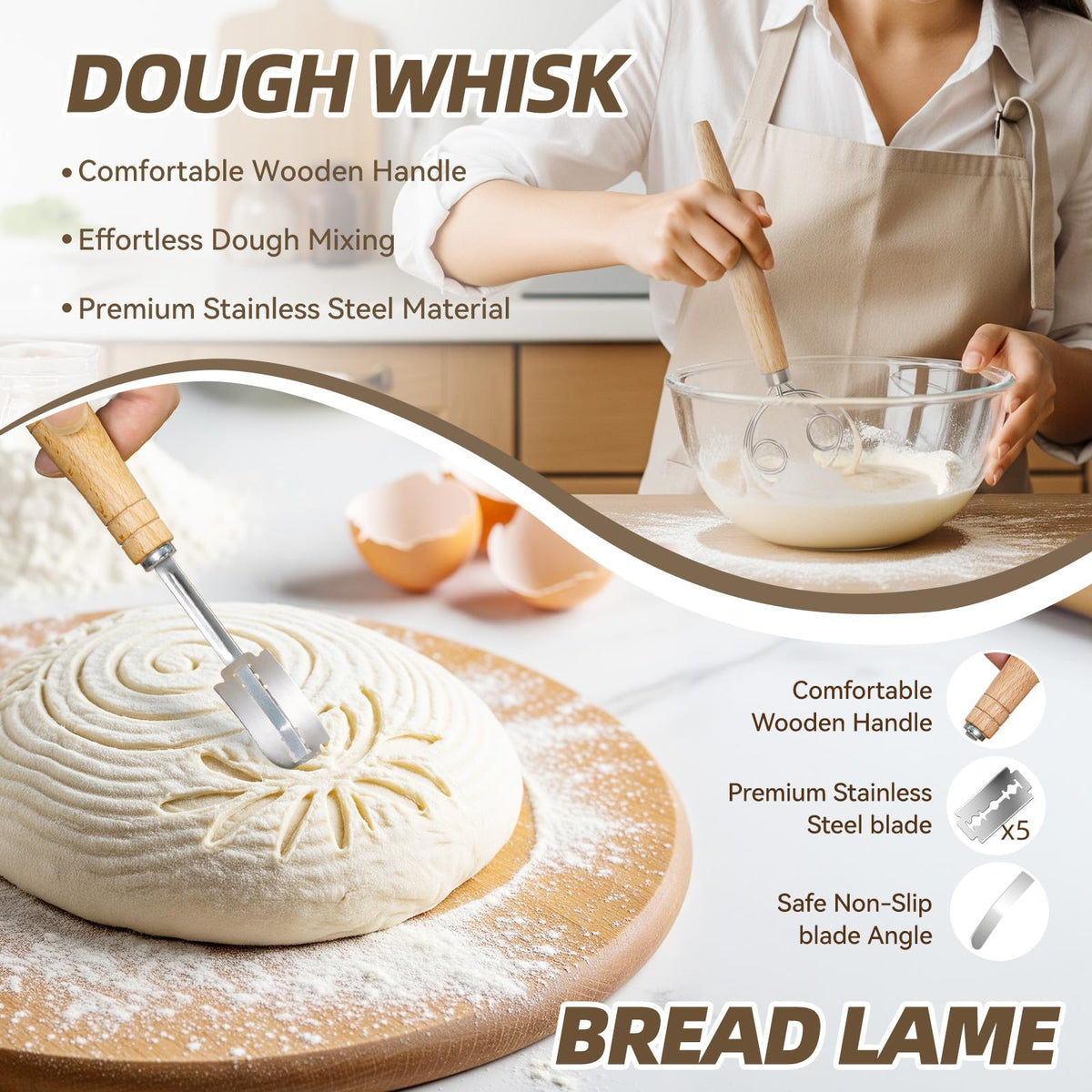 Kikcoin dough whisk ideal for mixing and folding dough to smooth texture