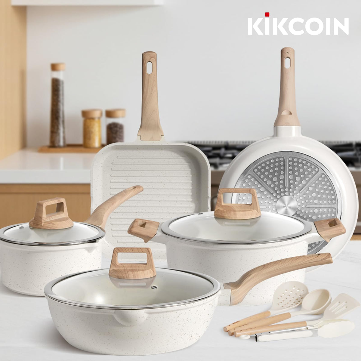 Kikcoin granite speckle design adds elegance to kitchen styling.