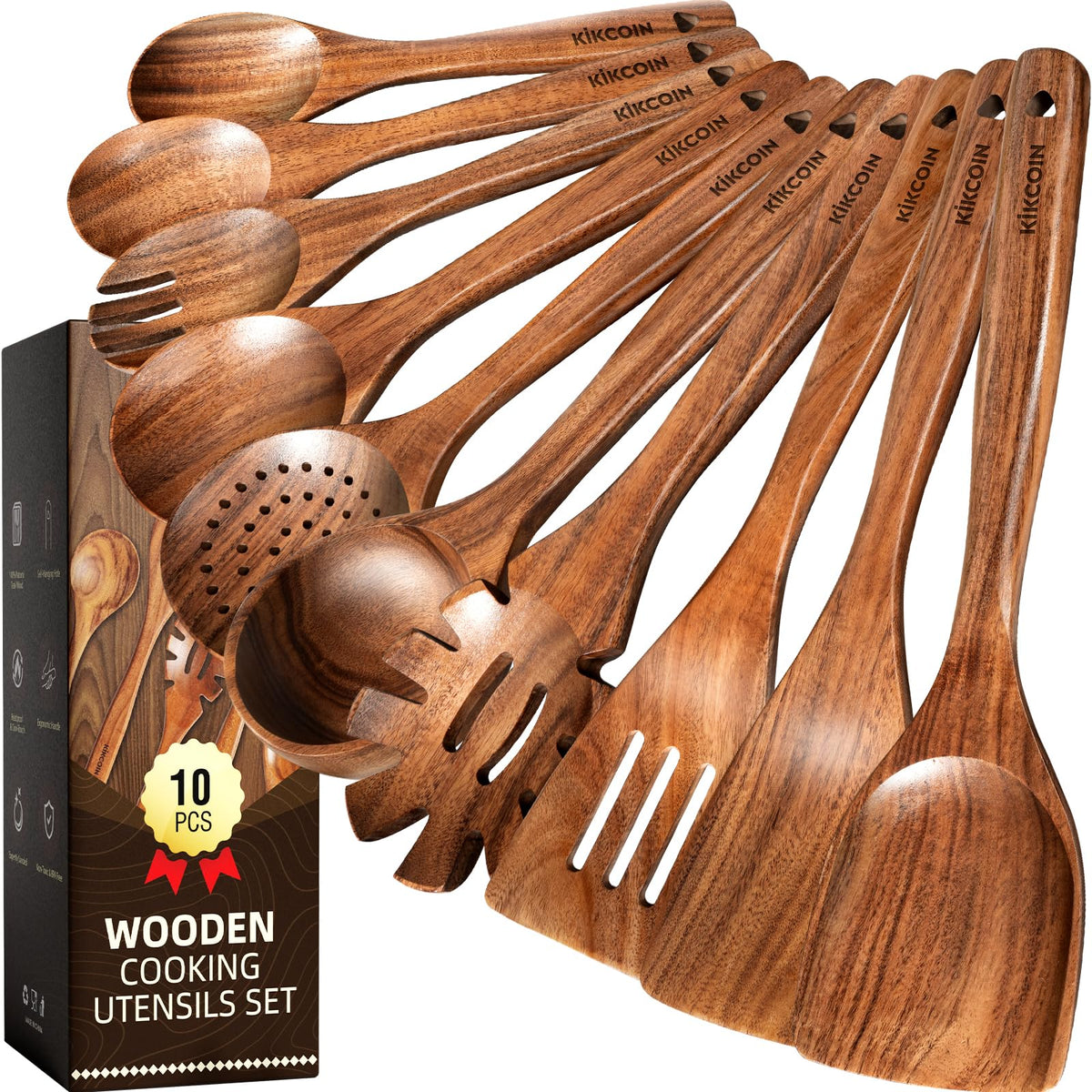 Kikcoin teak ladle highlights natural grain for easy stirring