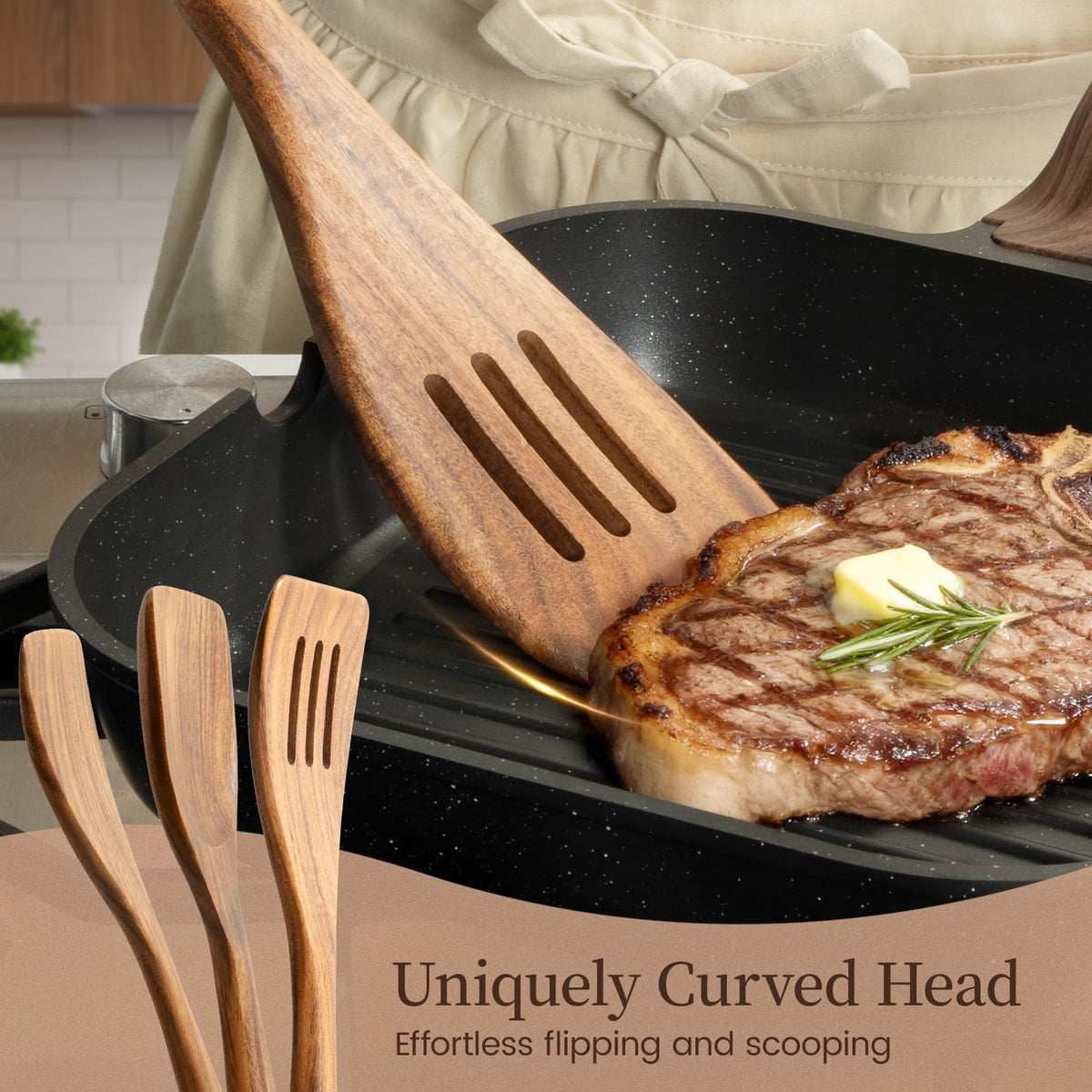 Kikcoin teak slotted turner drains sauces smoothly