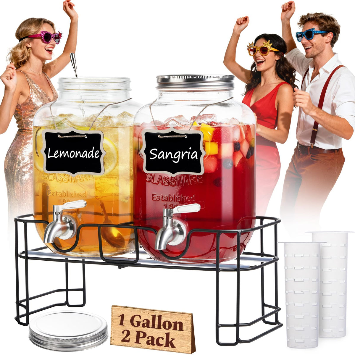 Kikcoin two-pack 1 gallon glass dispenser with stand for easy party service.