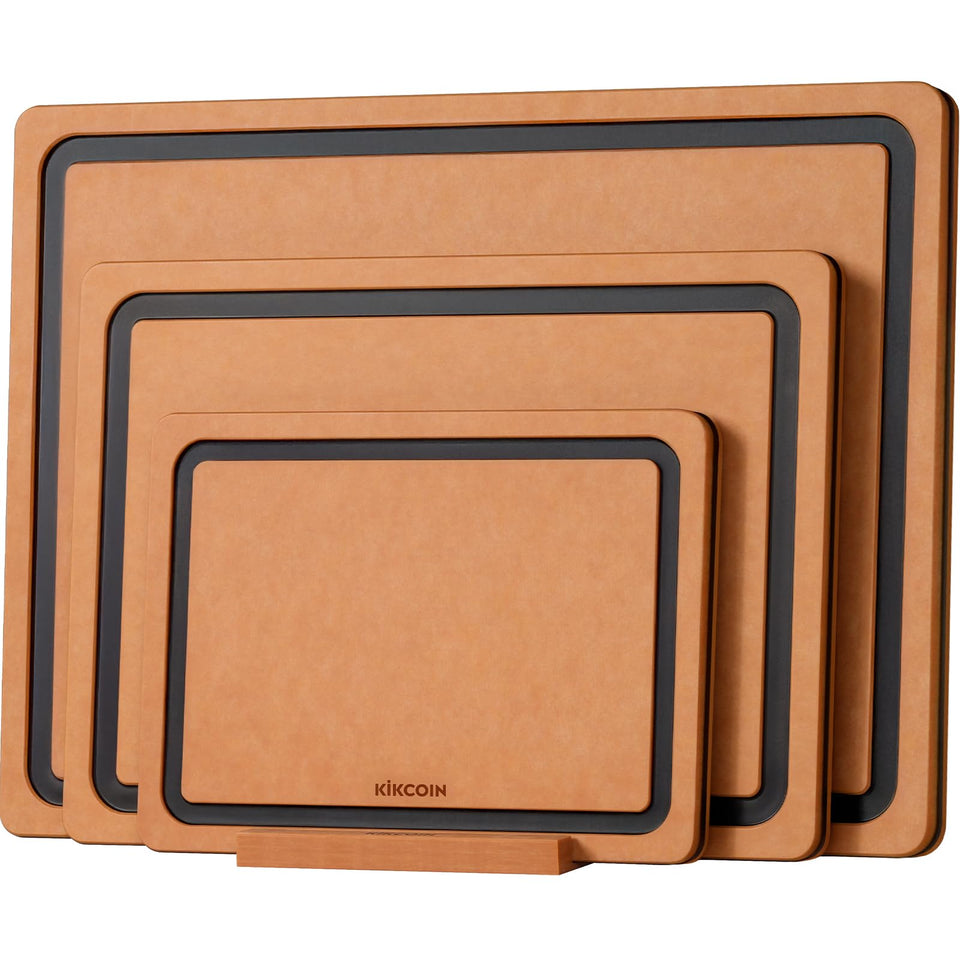 Kikcoin wood cutting board set with holder for neat kitchen organization