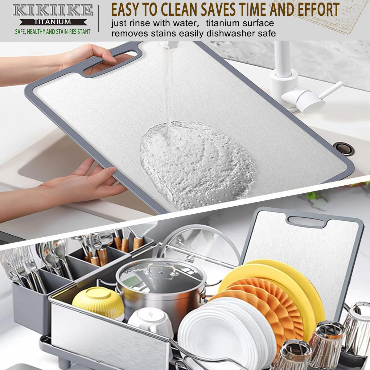 KIKIIKE titanium cutting board resists stains and warping for everyday use.