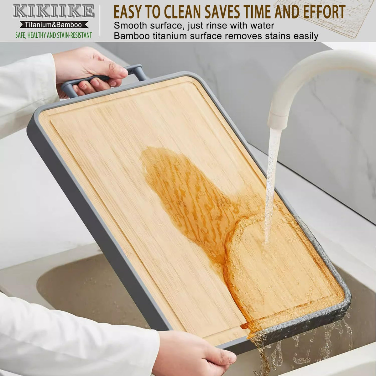KIKIIKE bamboo surface protects knives while cutting raw meat and produce