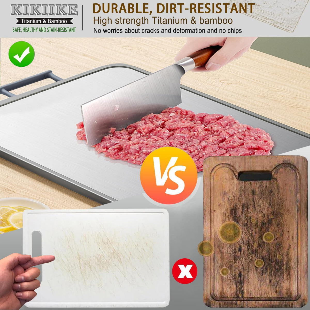 KIKIIKE double sided board with handle demonstrates secure grip during prep