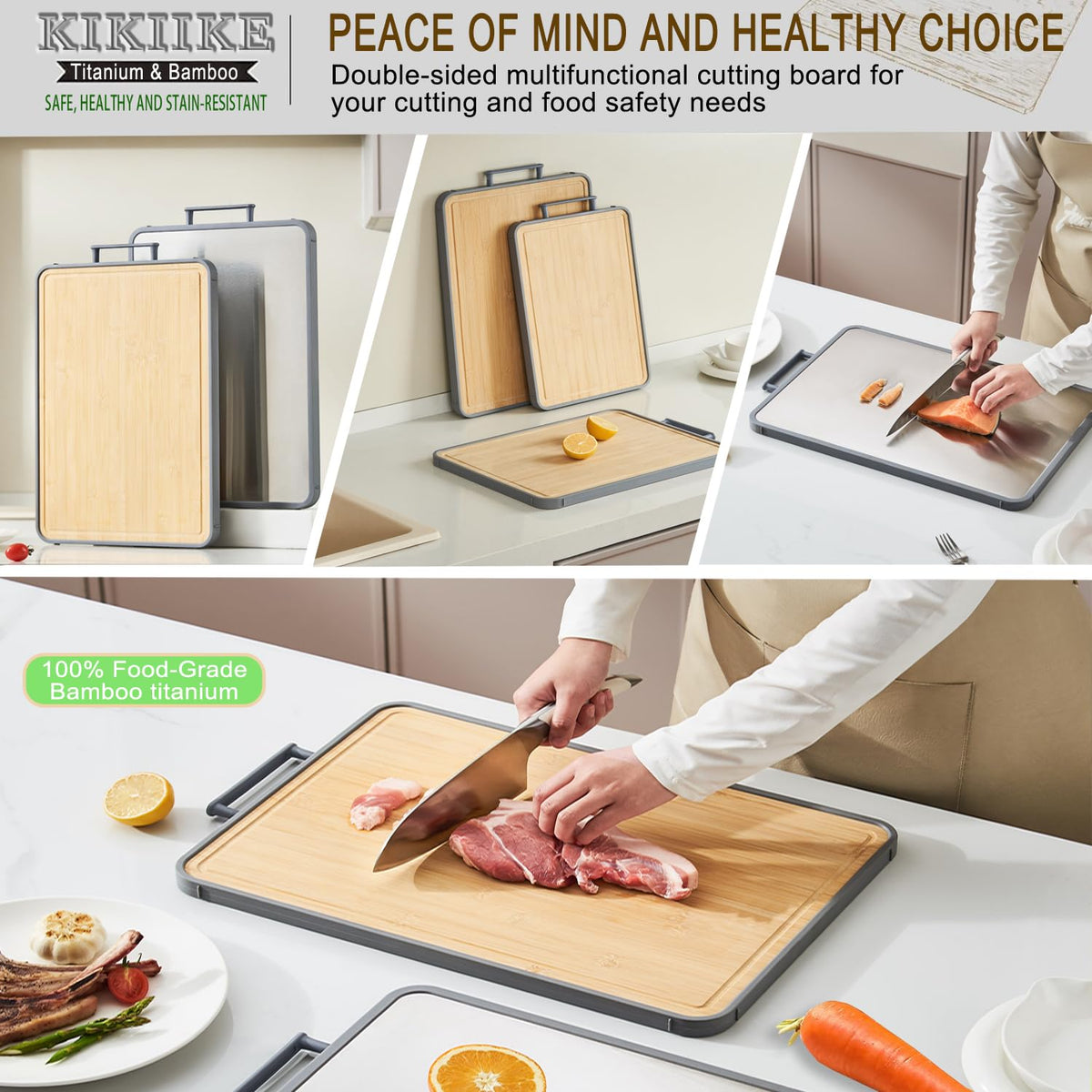 KIKIIKE ready to use cutting board features non slip grip and easy hanging storage