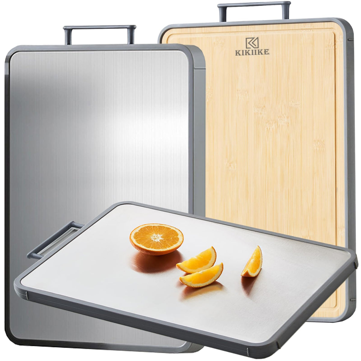KIKIIKE titanium bamboo board top view shows dual surfaces for versatile chopping