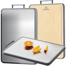KIKIIKE titanium bamboo board top view shows dual surfaces for versatile chopping
