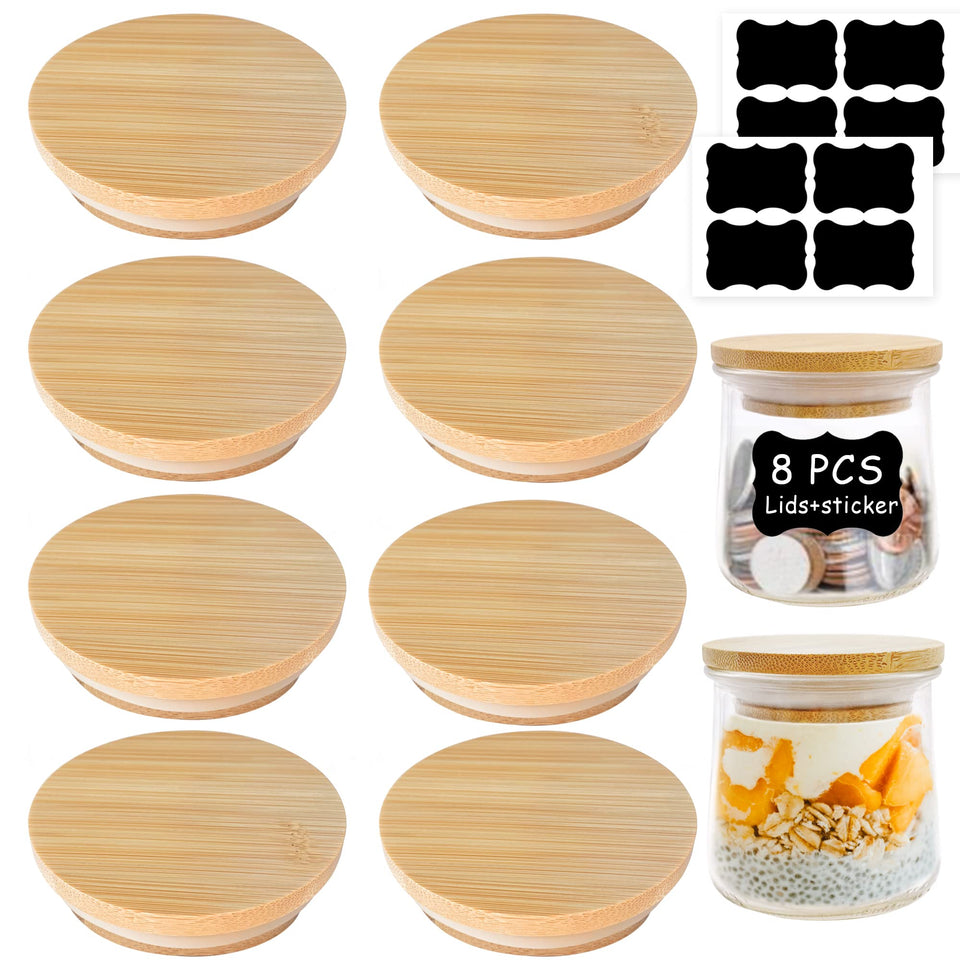 KIKINIKO Oui lids with natural bamboo and silicone seal prevent leaks on 5 oz jars.