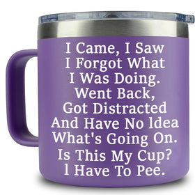 KIKUHE I Came I Saw I Forgot mug—purple 14oz with handle, ideal for seniors.