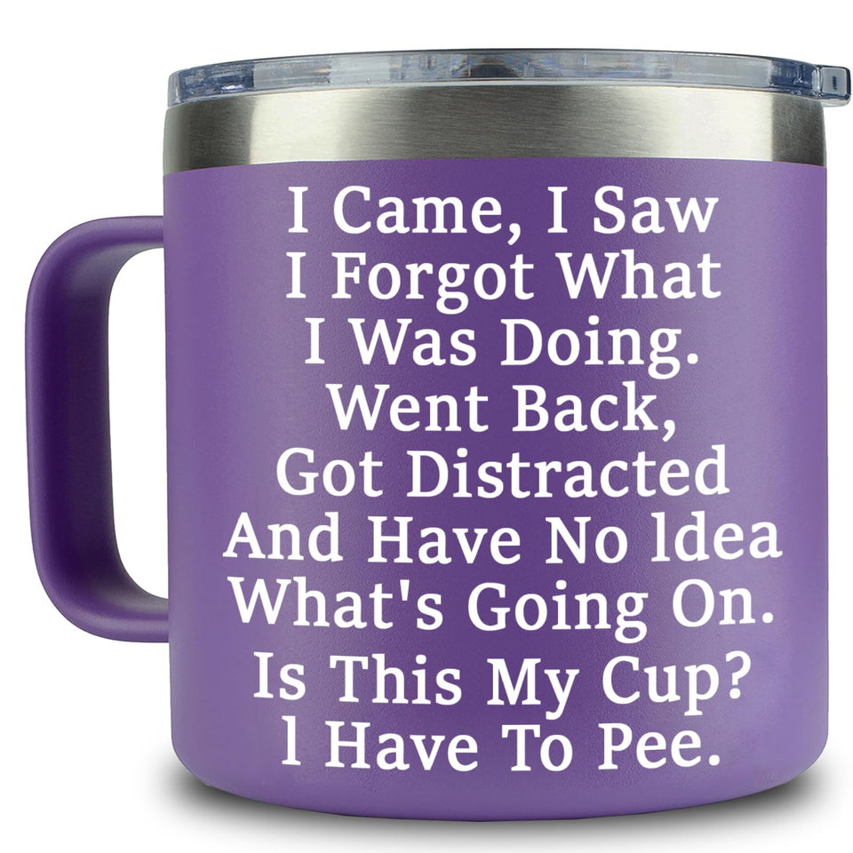 KIKUHE I Came I Saw I Forgot mug—purple 14oz with handle, ideal for seniors.