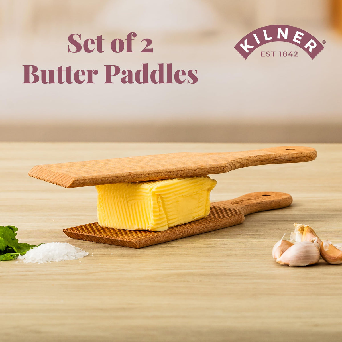 Kilner beechwood butter paddles side view shows slim profile for compact storage.