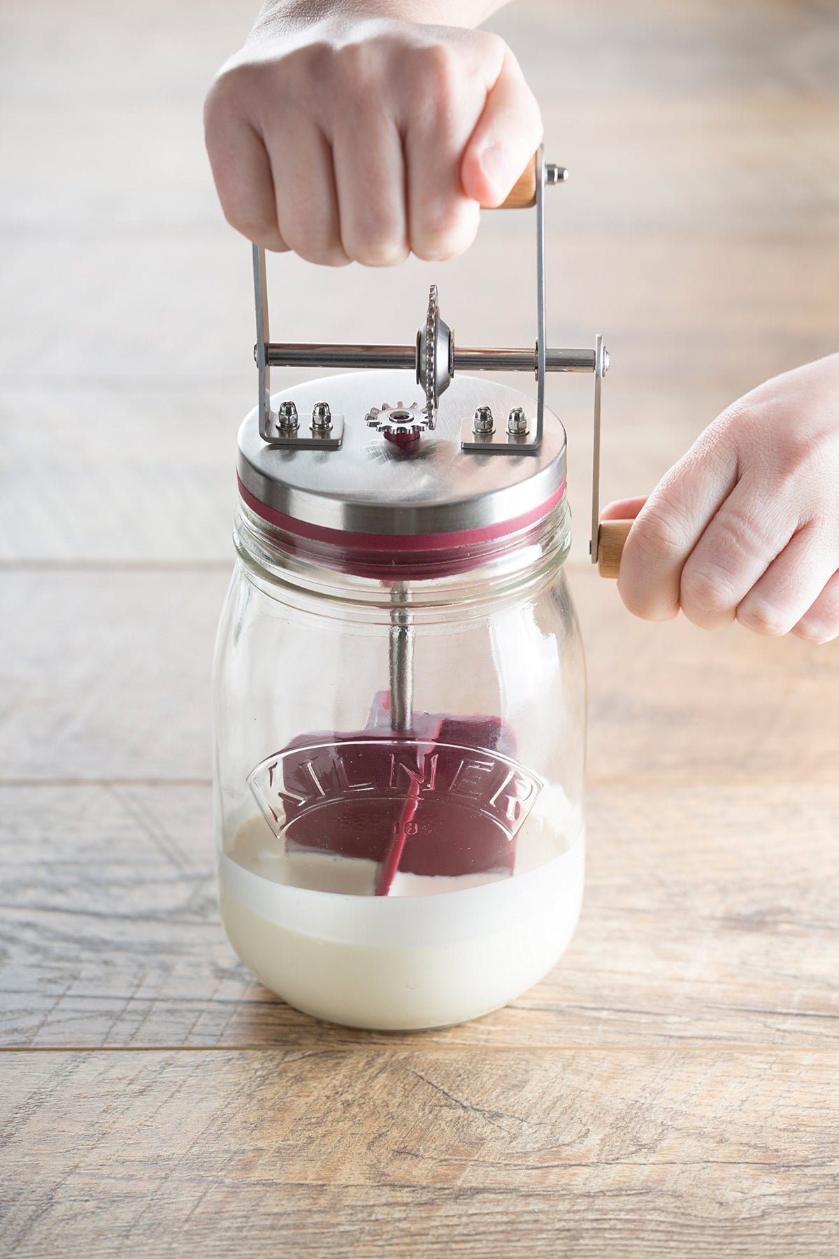 Kilner butter churner handle ready for manual operation.