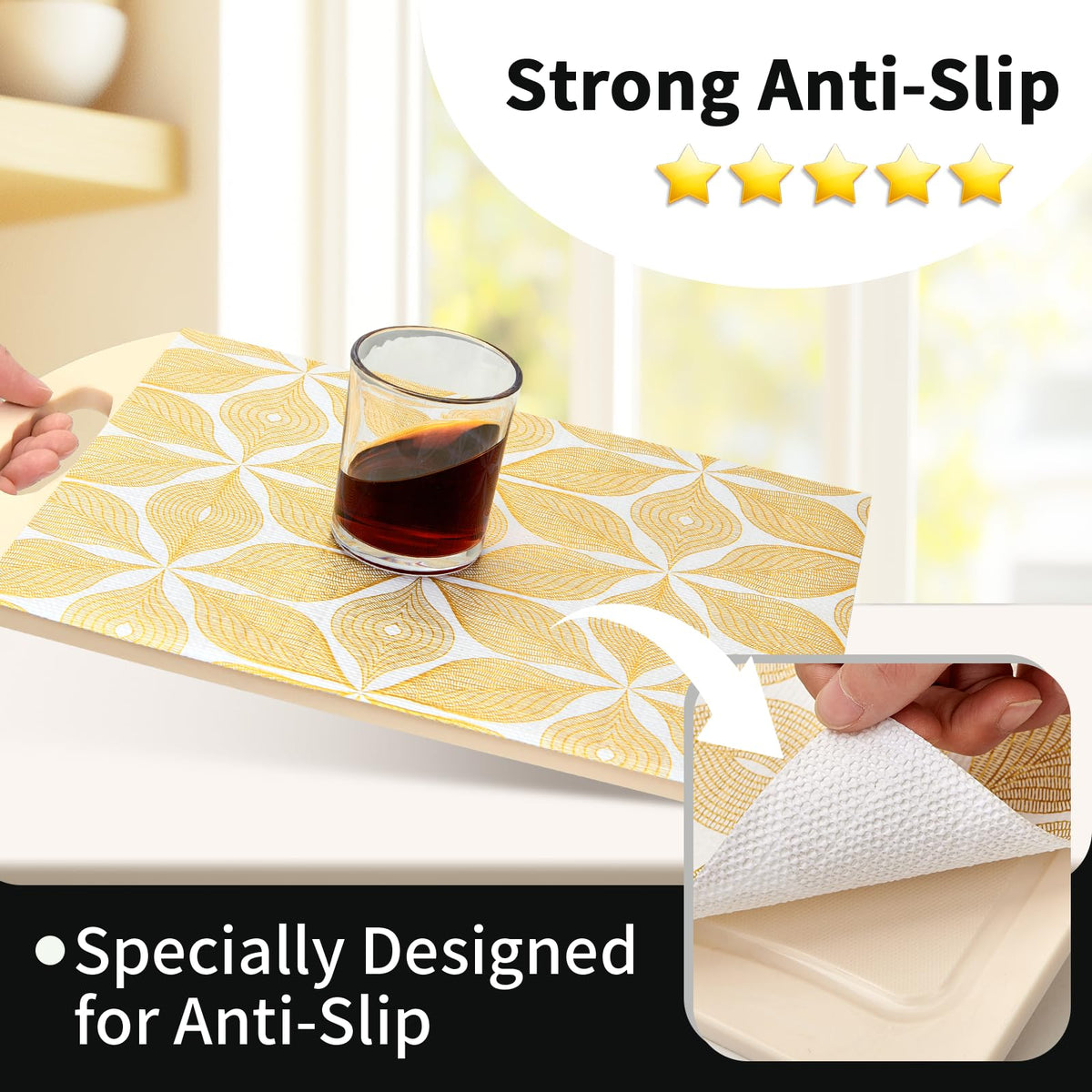 Kimhan shelf liner gold leaf design adds elegant shine to cabinets.