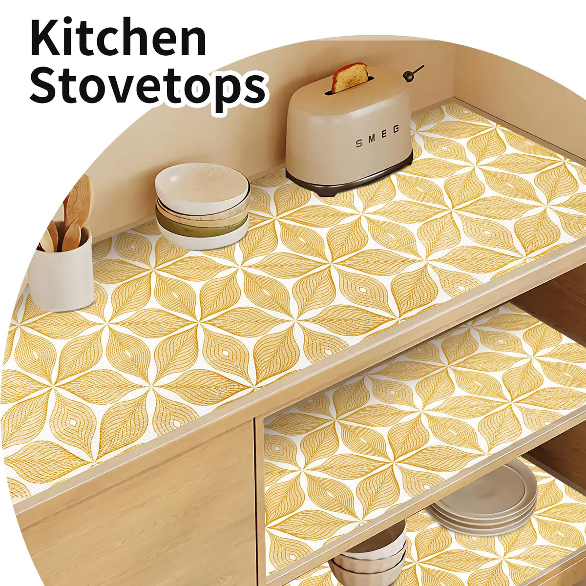 Kimhan shelf liner suited for kitchen and bathroom spaces.
