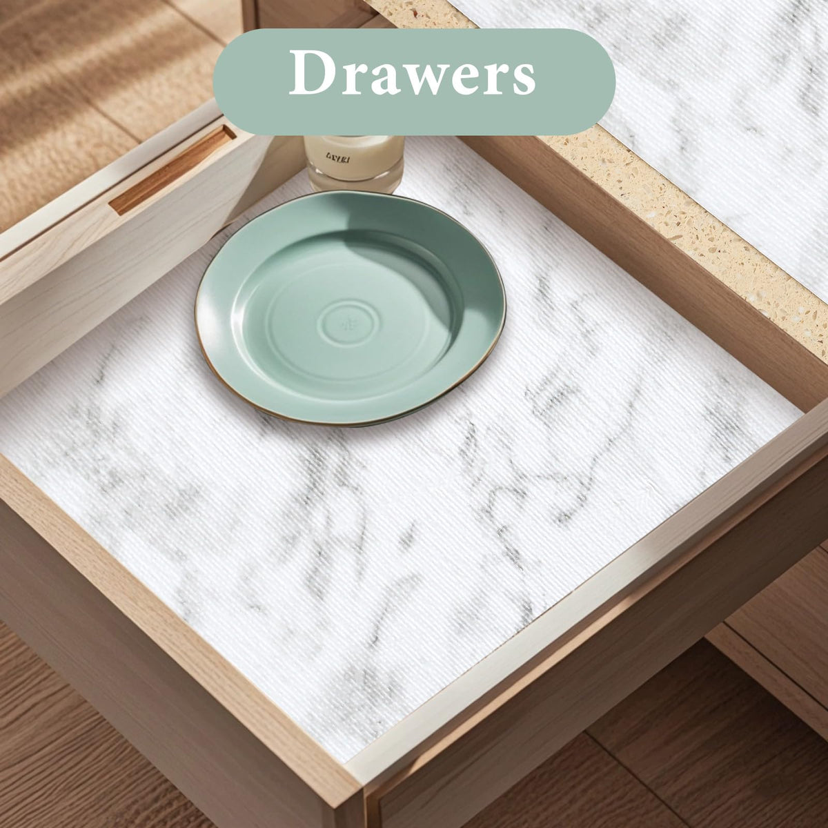 Kimhan white marble design liner adds stylish drawer flair.