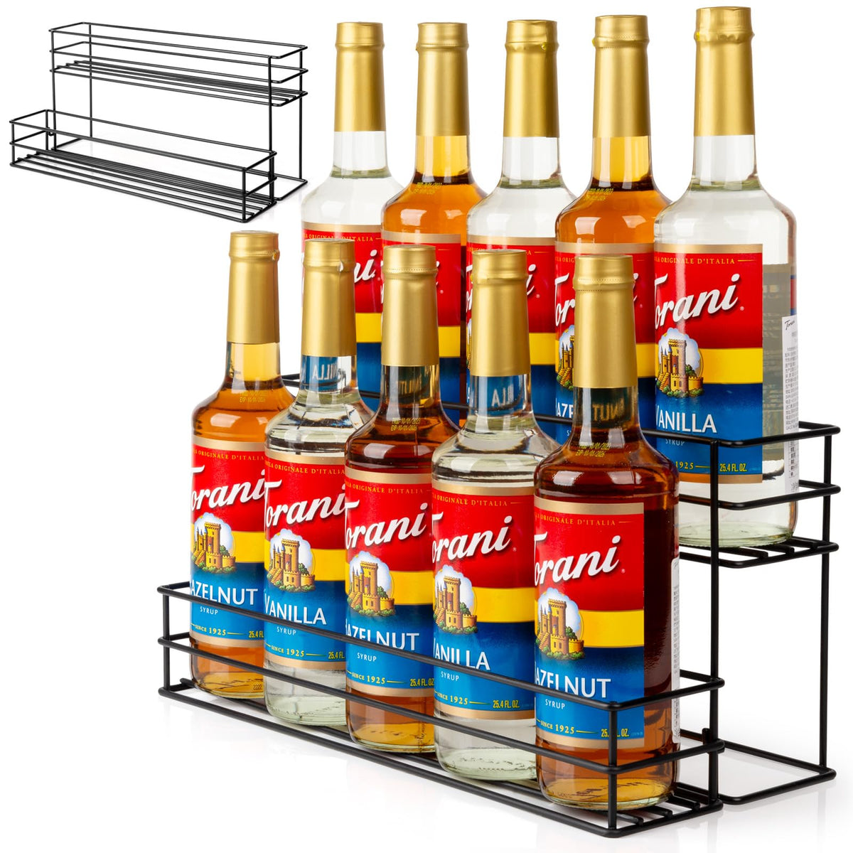 Kimilus 10-bottle coffee syrup rack front view showing organized display