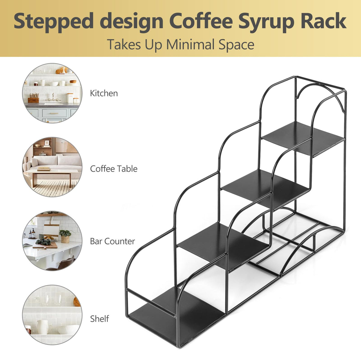 Kimilus multiuse bottle rack supports spices, syrups, and condiments in tight spaces.