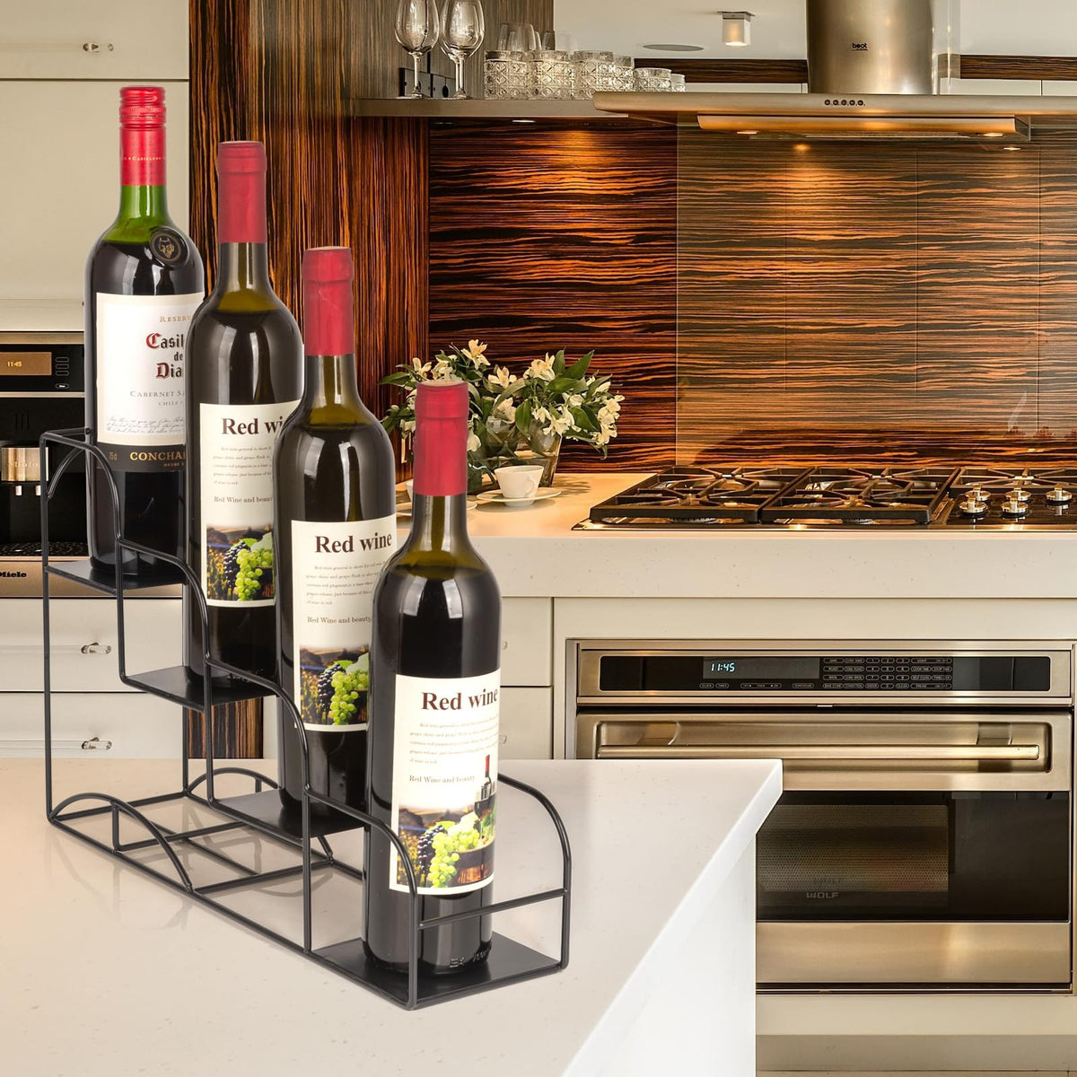 Kimilus sleek black metal frame complements any decor while keeping bottles organized.