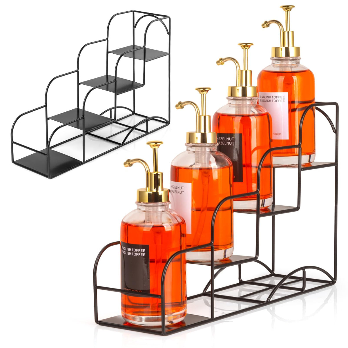 Kimilus syrup rack with four compartments keeps syrups visible and easy to grab.