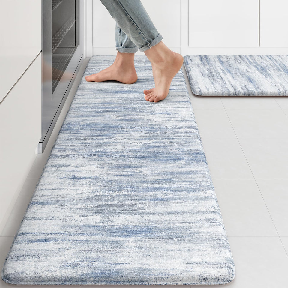 KIMODE anti-fatigue kitchen mat 47x17 laid in a bright kitchen for standing comfort.
