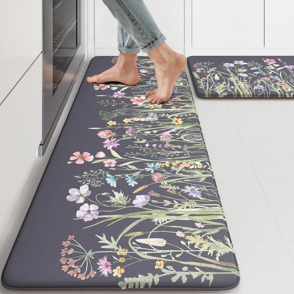 Kimode anti-fatigue kitchen mat with floral pattern for comfortable standing.