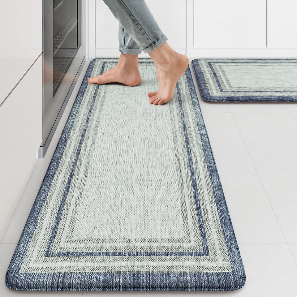 KIMODE anti-fatigue mat with blue-gray pattern for cushioned comfort while cooking