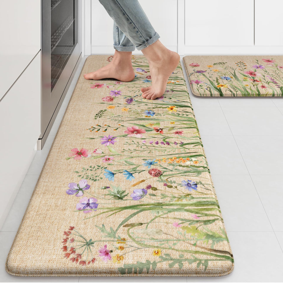 Kimode anti-fatigue kitchen mat with brown floral set for comfortable standing.