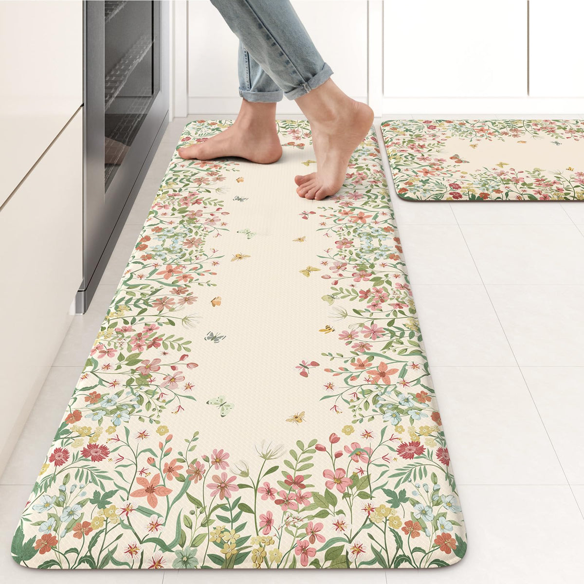 Kimode anti-fatigue kitchen mats two-piece beige setup with cushioned support for feet and back