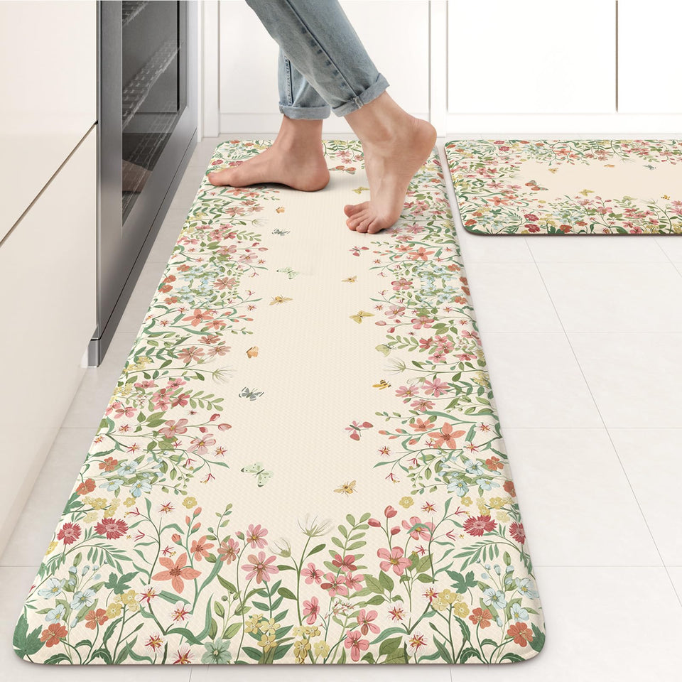 Kimode anti-fatigue kitchen mats two-piece beige setup with cushioned support for feet and back