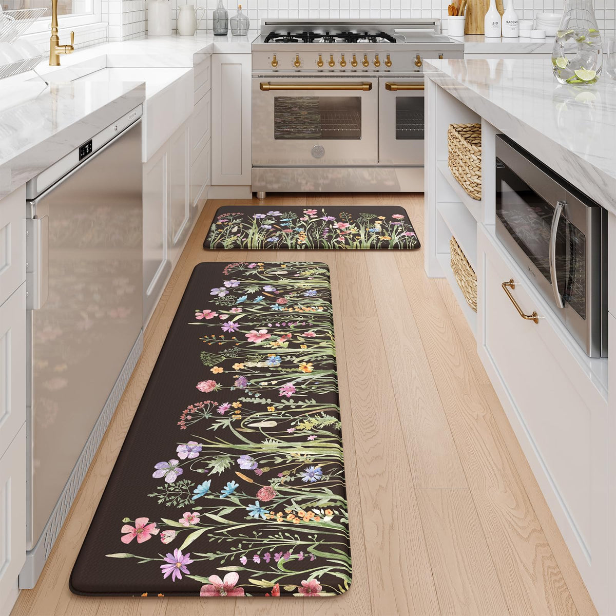 Kimode black floral mats brighten decor while supporting standing tasks