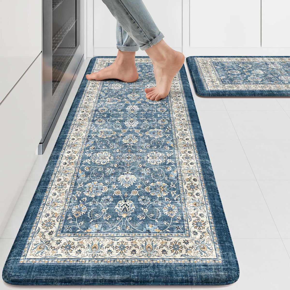 Kimode boho blue mat 17x47 inches with memory foam for comfortable standing.