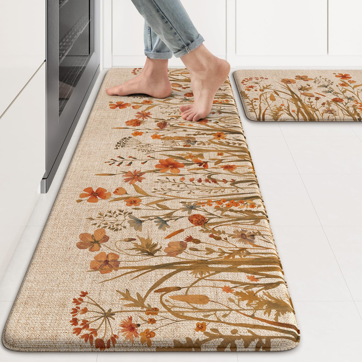 KIMODE fall kitchen mats 2pc setup with warm orange farmhouse pattern for versatile placement.