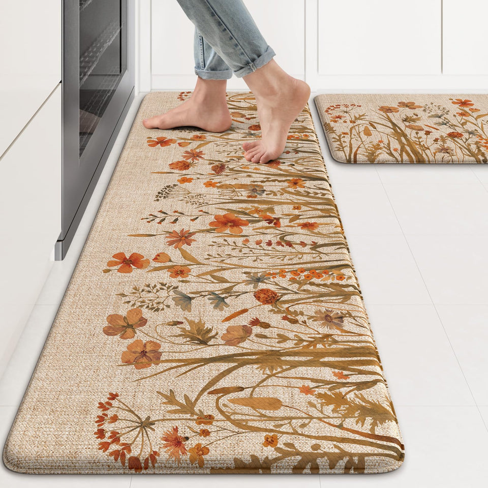 KIMODE fall kitchen mats 2pc setup with warm orange farmhouse pattern for versatile placement.