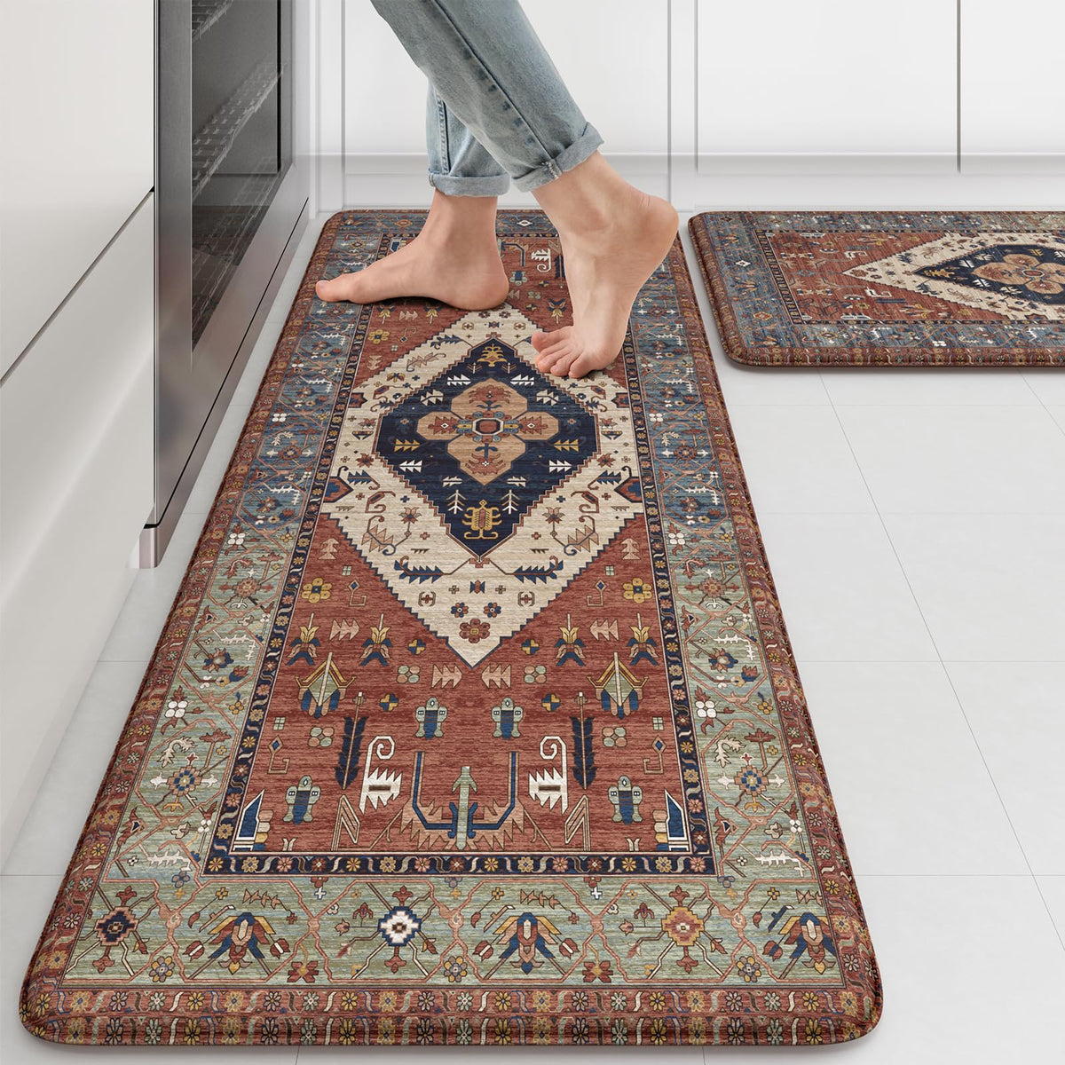 KIMODE farmhouse kitchen mats front view with boho medallion design for anti-fatigue comfort