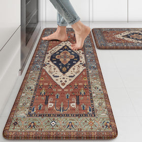 KIMODE farmhouse kitchen mats front view with boho medallion design for anti-fatigue comfort
