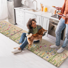 Kimode floral design mat decor enhances farmhouse kitchen ambiance.