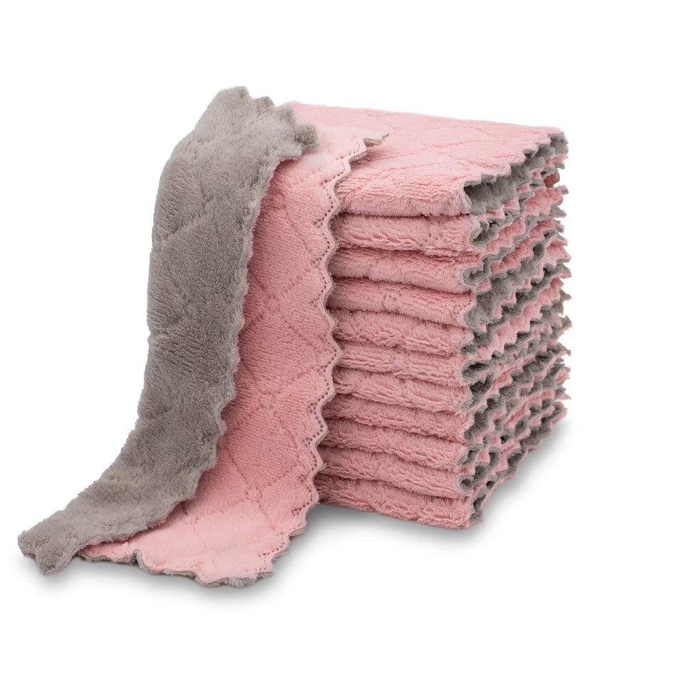 Kimteny 12-pack pink-grey coral velvet towels for fast drying and lint-free cleanup.