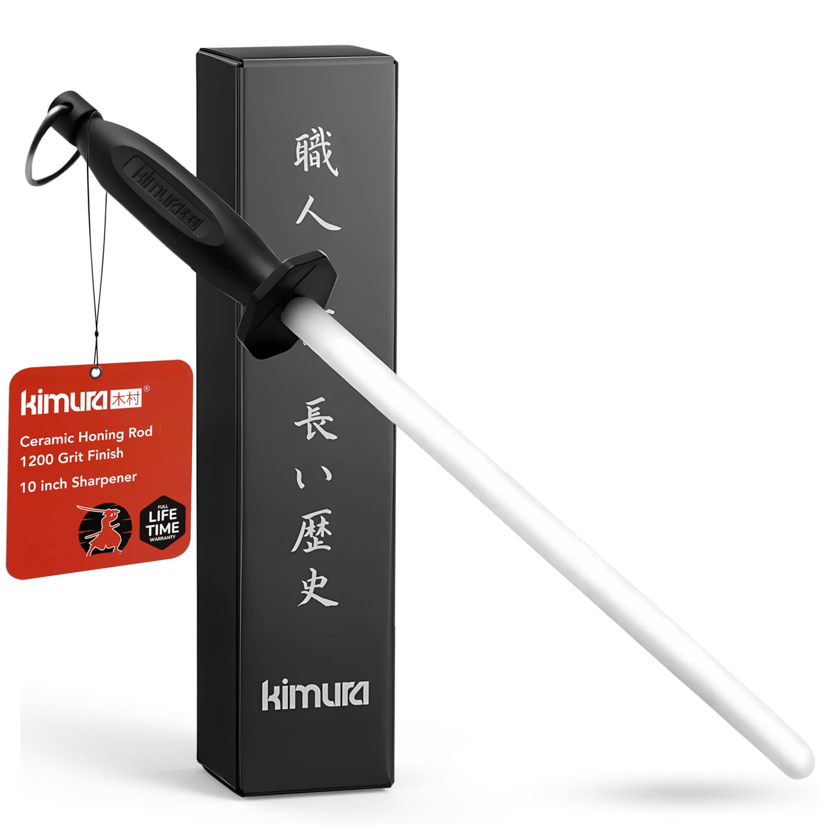 Kimura 10-inch ceramic honing rod with ergonomic handle for precise edge maintenance.