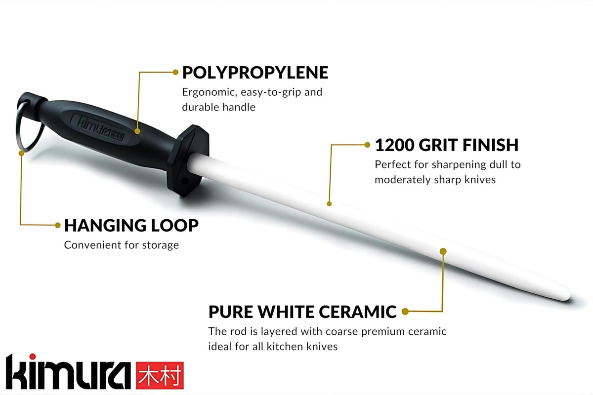 Kimura honing rod with non-slip ergonomic handle for steady sharpening on knives.