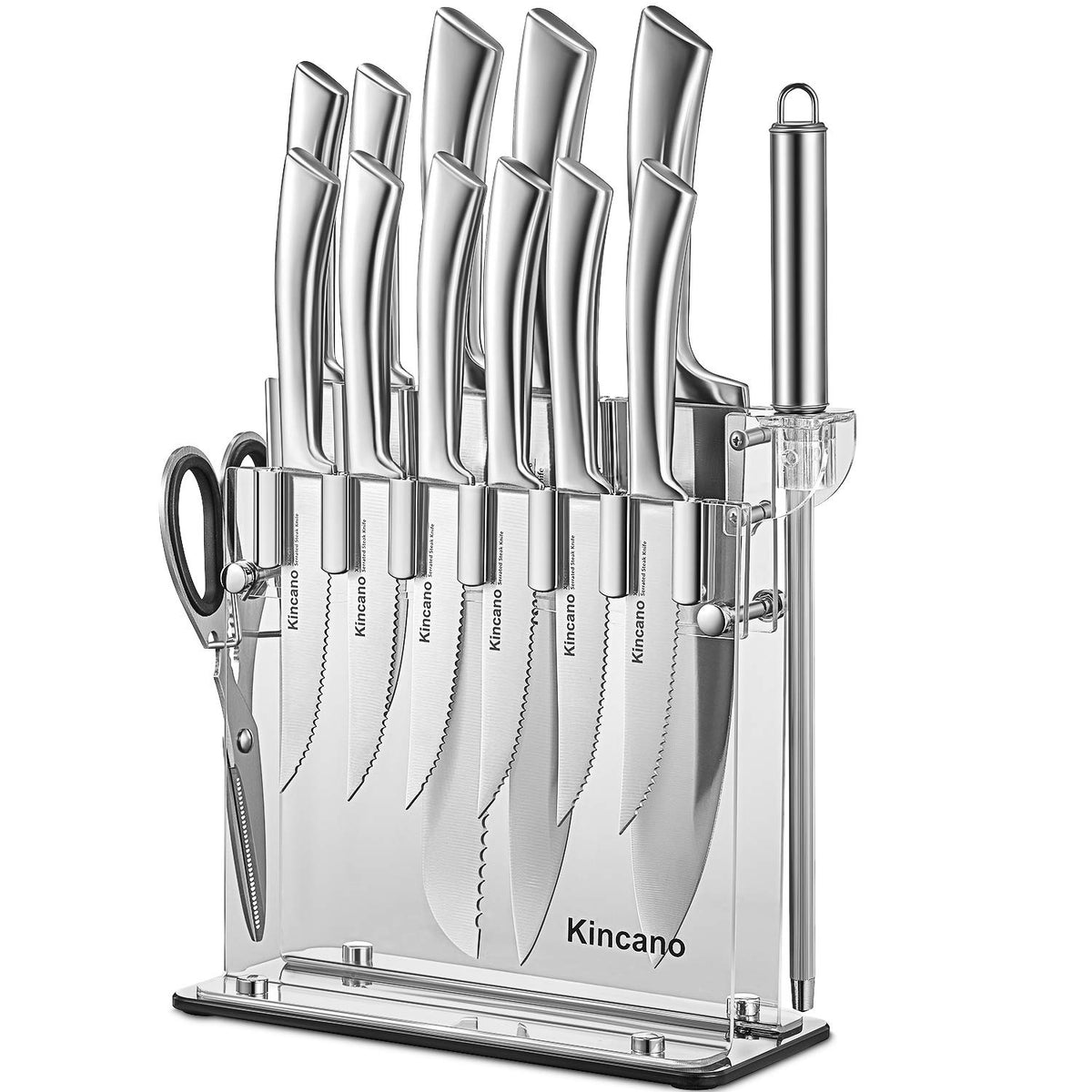 Kincano 14-piece knife set with acrylic stand, easy access on the counter