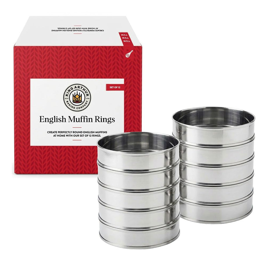 King Arthur English Muffin Rings create uniform rounds for even browning on the griddle.