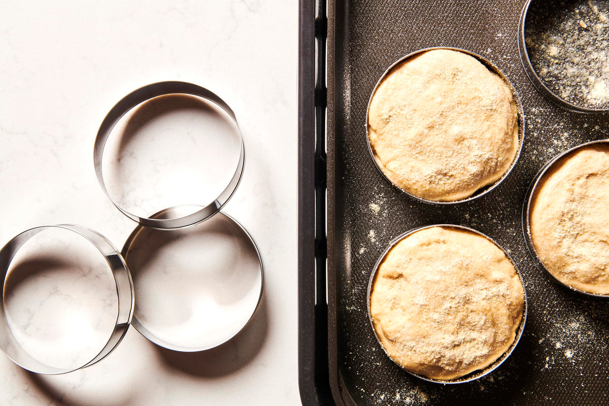 King Arthur stainless steel rings provide precise 3.74-inch rounds for muffins.