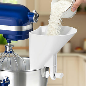 KingofKings flour funnel attached to a bowl for mess-free pouring during baking