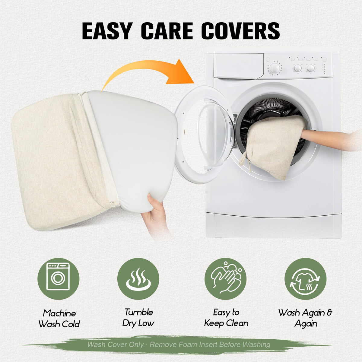 Removable zipper cover for Kingphenix cushions enabling easy machine washing.