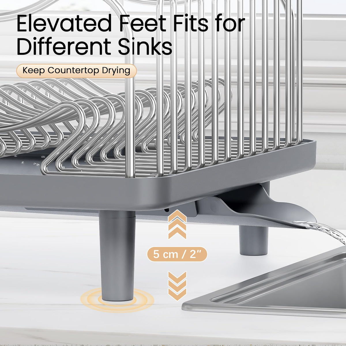 KINGRACK drainage system detail emphasizes automatic water flow away from countertops.