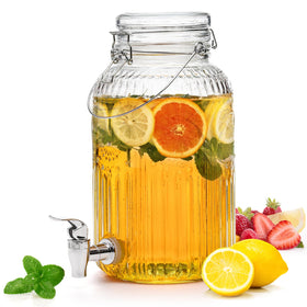 Kingrol 1-gallon glass dispenser with lid and spigot for easy self-service.
