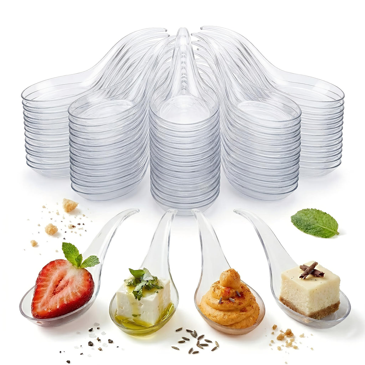 Kingrol 200 Mini Appetizer Spoons; clear 4.75-inch bite-sized serving for tastings.